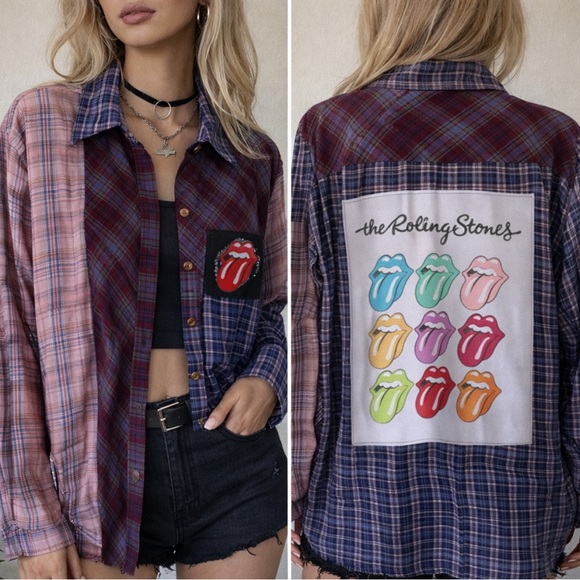 Hand Crafted Tops - Upcycled The Rolling Stones Graphic Tee On REWIND Lightweight Flannel Shirt Sz M